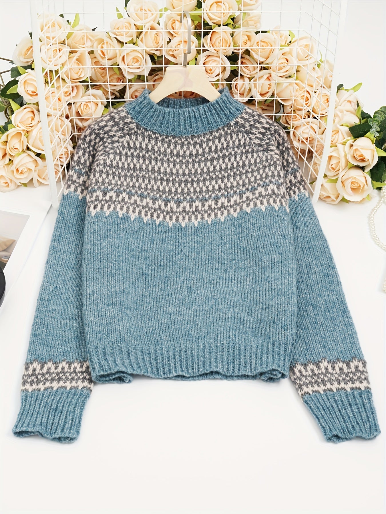 Damen gestrickter Norweger-Pullover mit Stehkragen