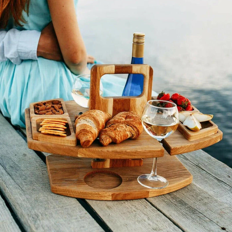 Tragbarer Holzoptik-Weintisch für Picknick & Garten | Klappbar, leicht & mit Flaschenhalterung