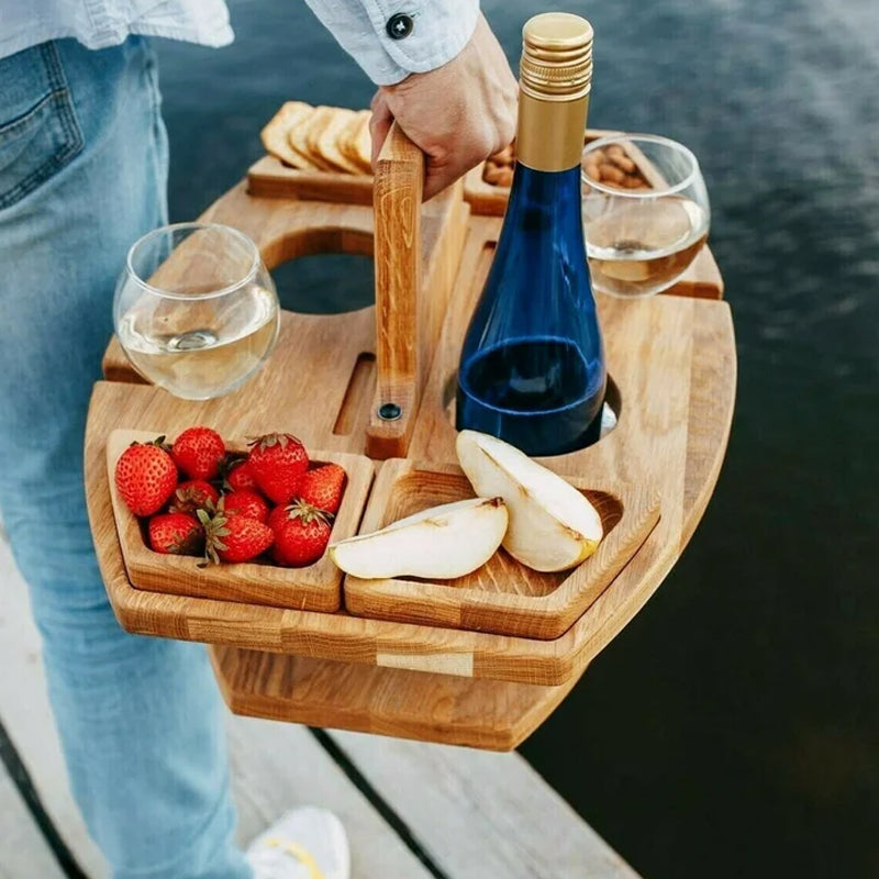 Tragbarer Holzoptik-Weintisch für Picknick & Garten | Klappbar, leicht & mit Flaschenhalterung