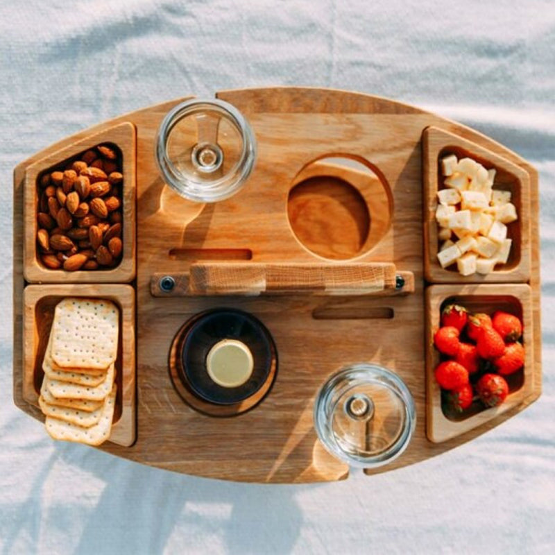 Tragbarer Holzoptik-Weintisch für Picknick & Garten | Klappbar, leicht & mit Flaschenhalterung