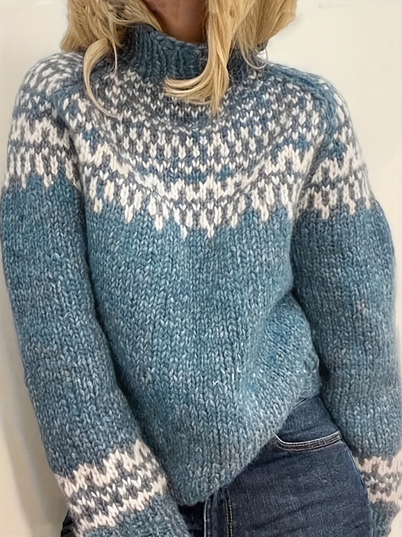 Damen gestrickter Norweger-Pullover mit Stehkragen