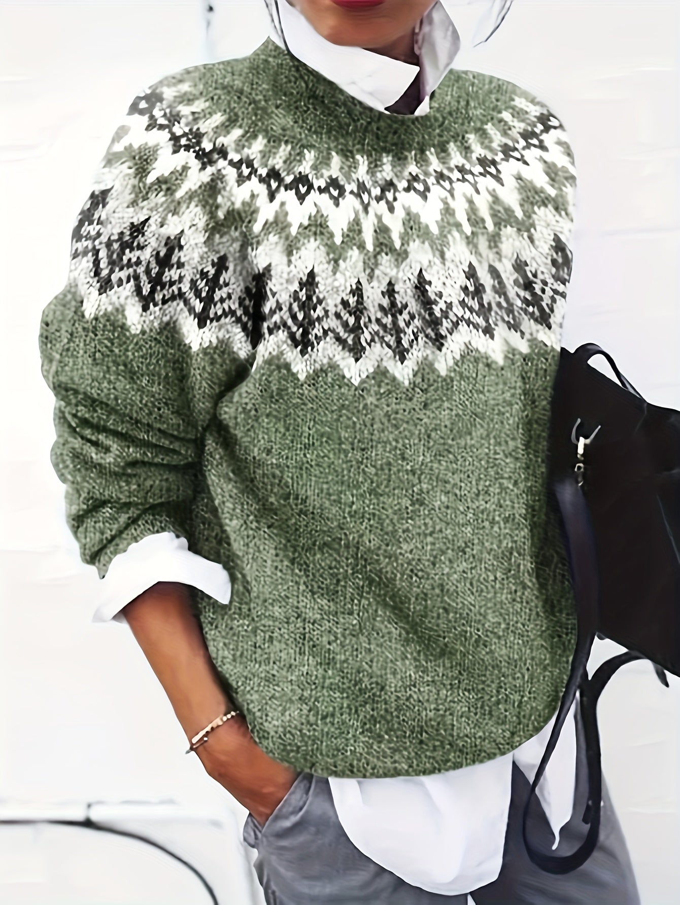 Damen rundhalsschnitt Norweger-Pullover
