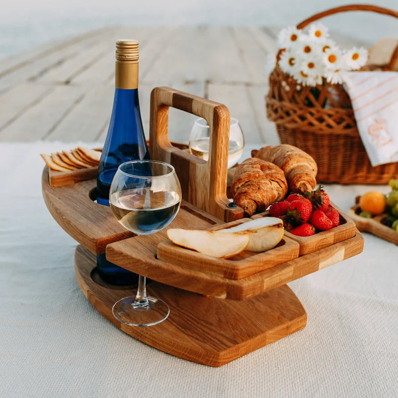 Tragbarer Holzoptik-Weintisch für Picknick & Garten | Klappbar, leicht & mit Flaschenhalterung
