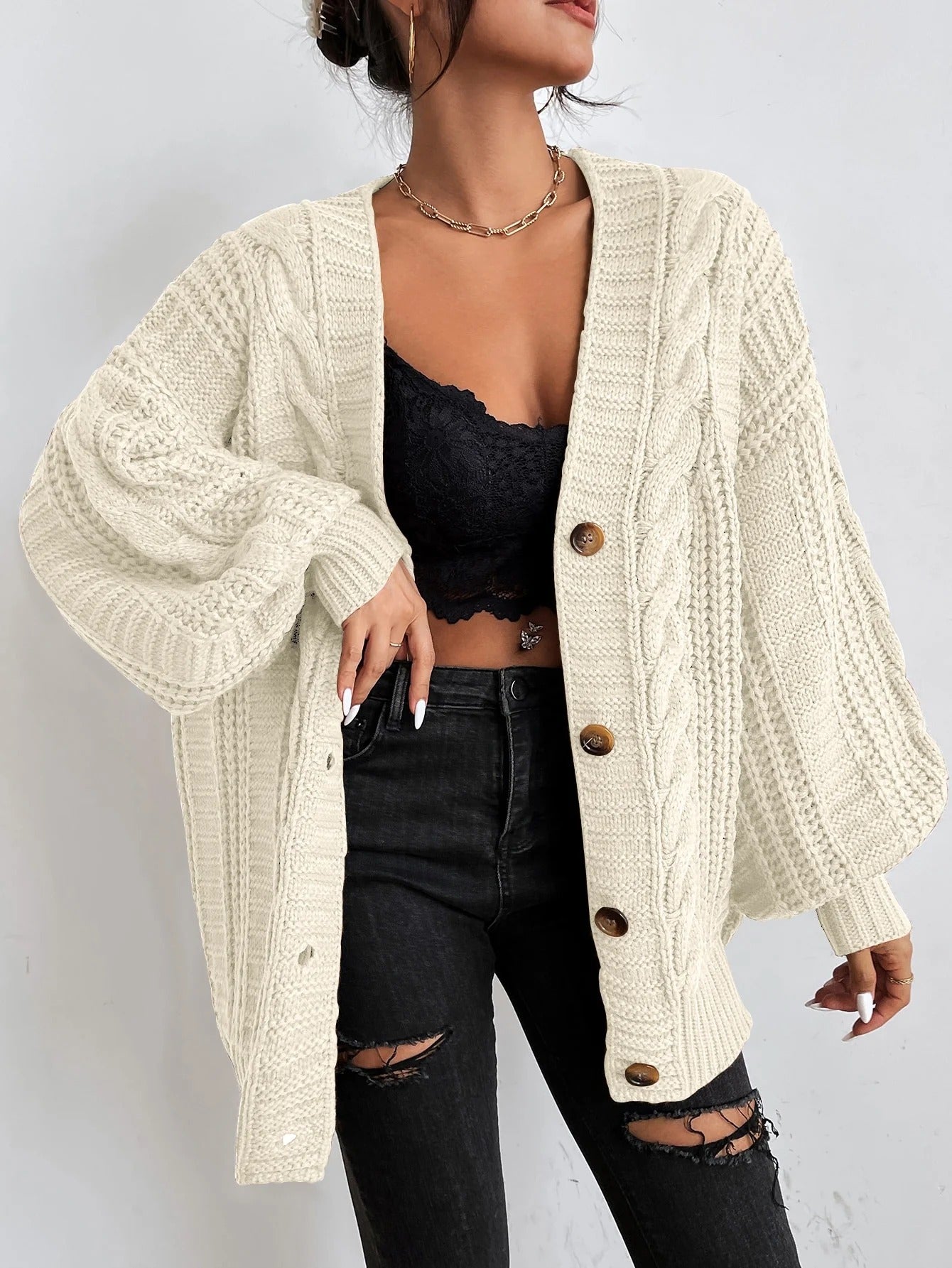 Damen Oversized Strickjacke | Zopfmuster
