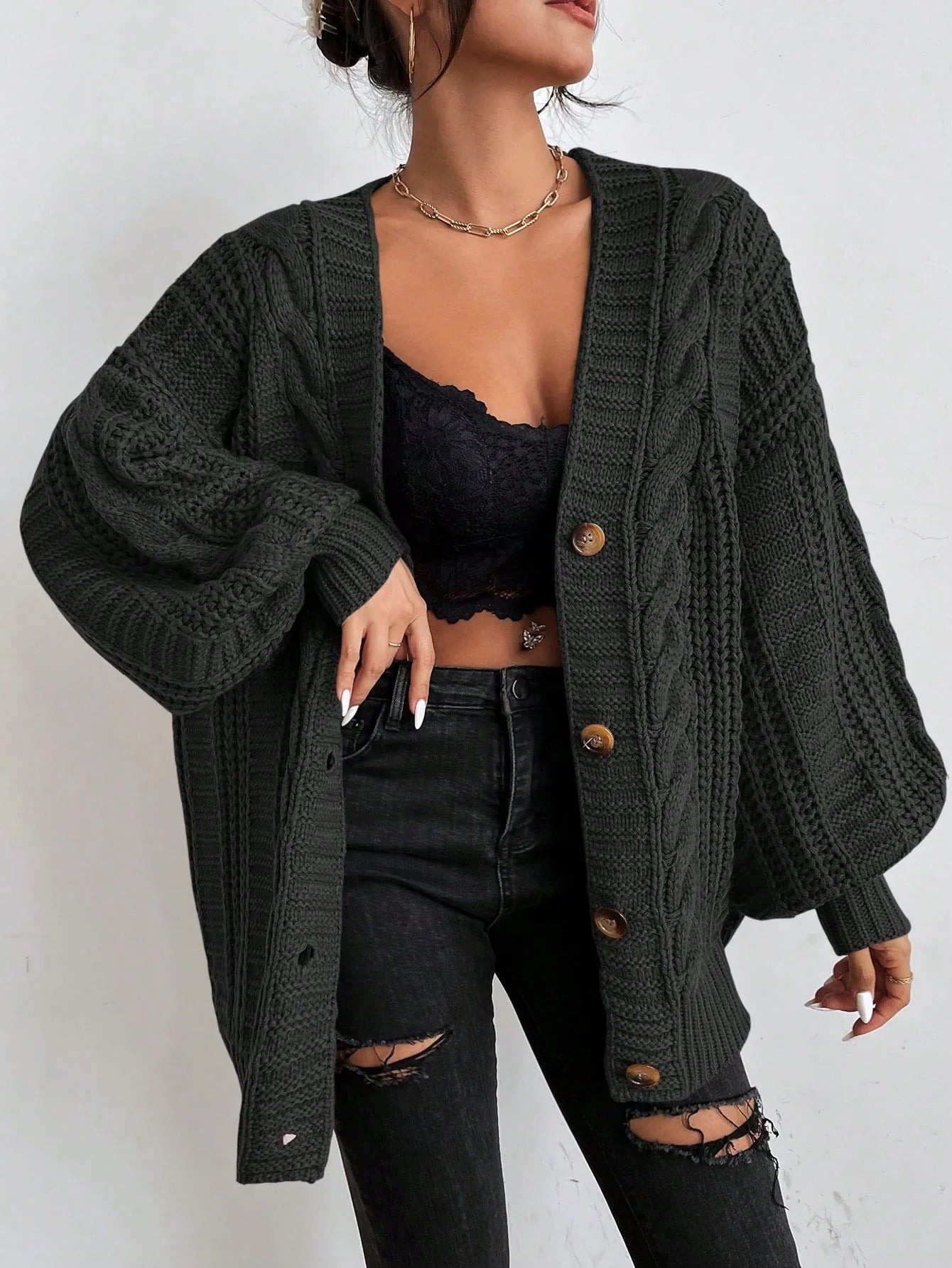 Damen Oversized Strickjacke | Zopfmuster