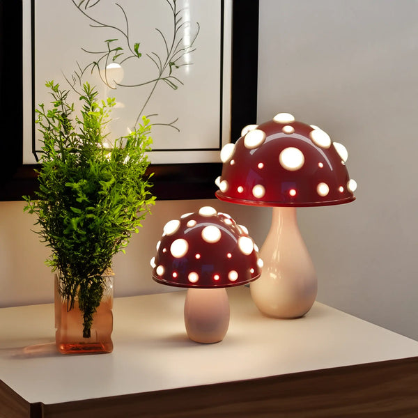 Nachttischlampe Pilzform | Tischlampe Rot Weiß