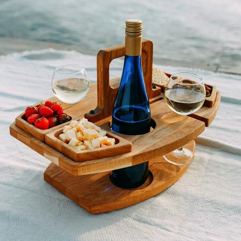 Tragbarer Holzoptik-Weintisch für Picknick & Garten | Klappbar, leicht & mit Flaschenhalterung