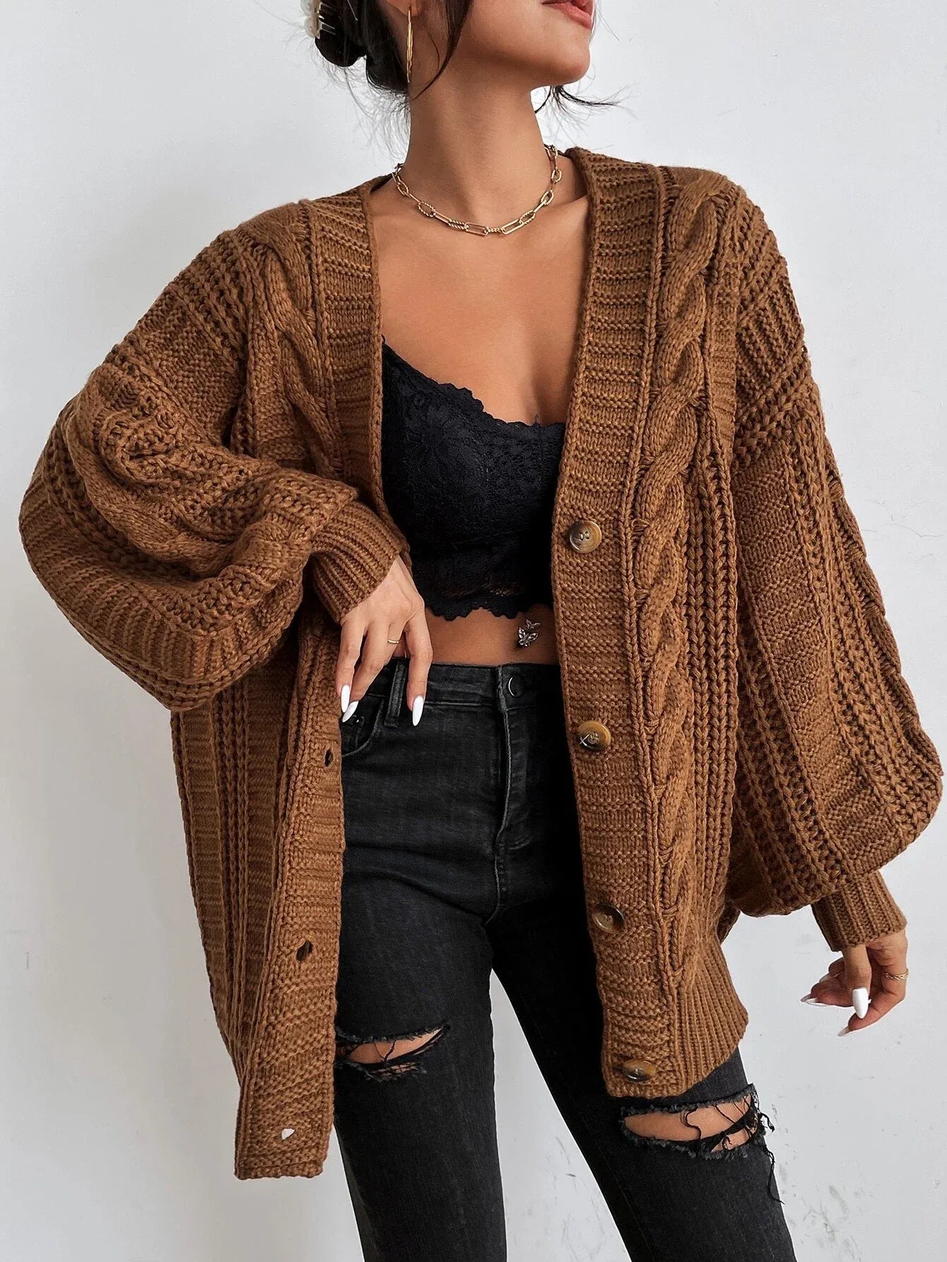 Damen Oversized Strickjacke | Zopfmuster