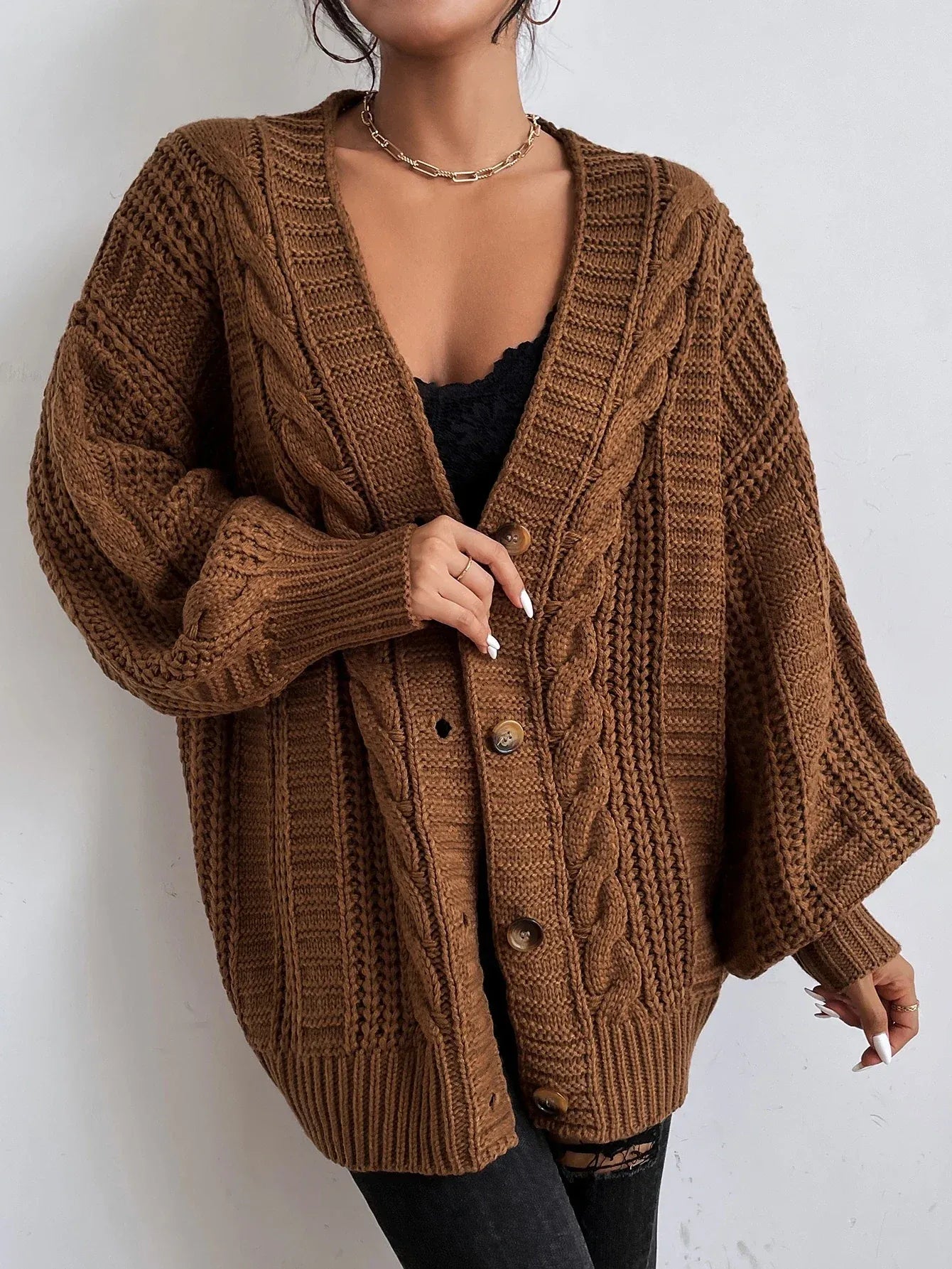 Damen Oversized Strickjacke | Zopfmuster