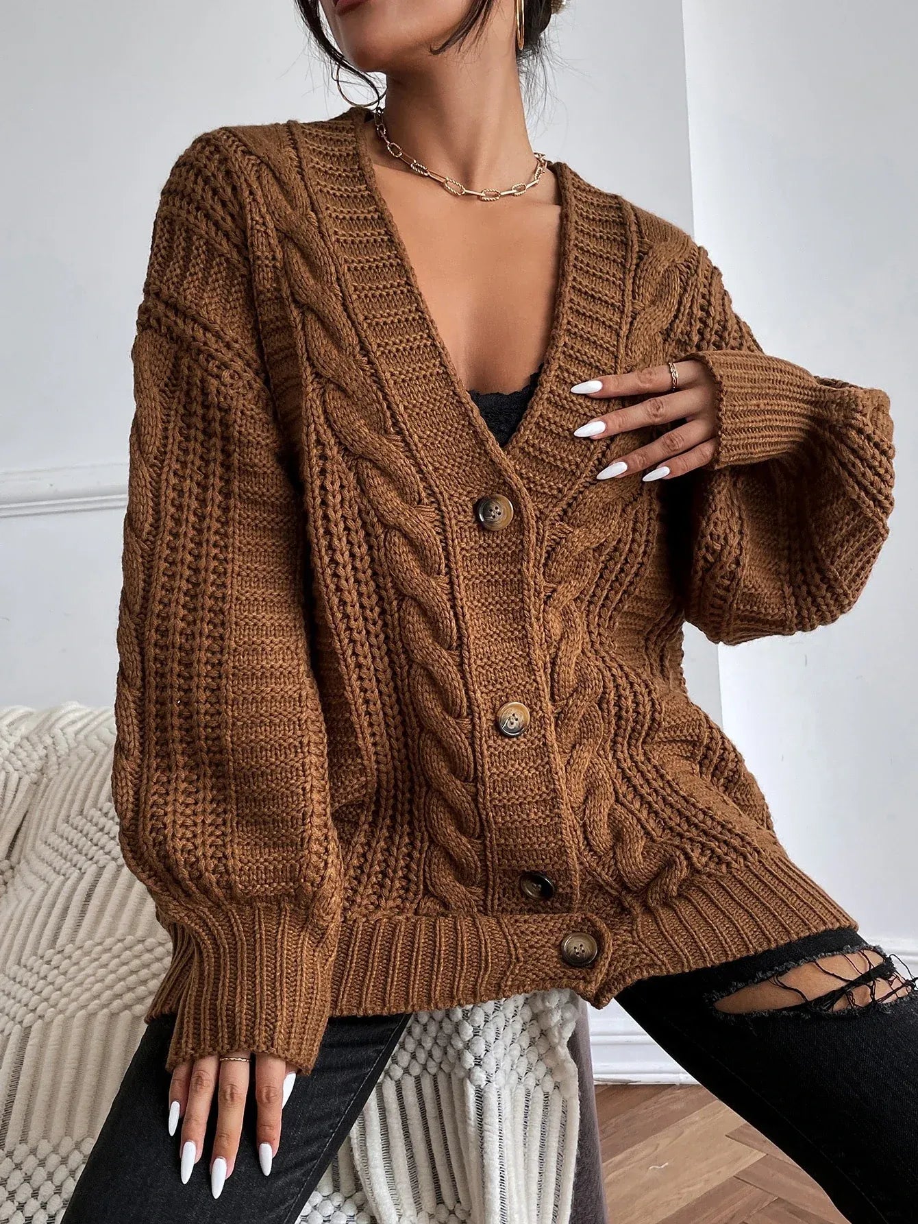 Damen Oversized Strickjacke | Zopfmuster