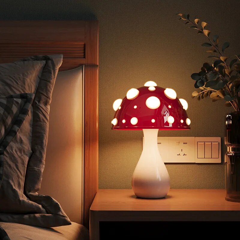 Nachttischlampe Pilzform | Tischlampe Rot Weiß